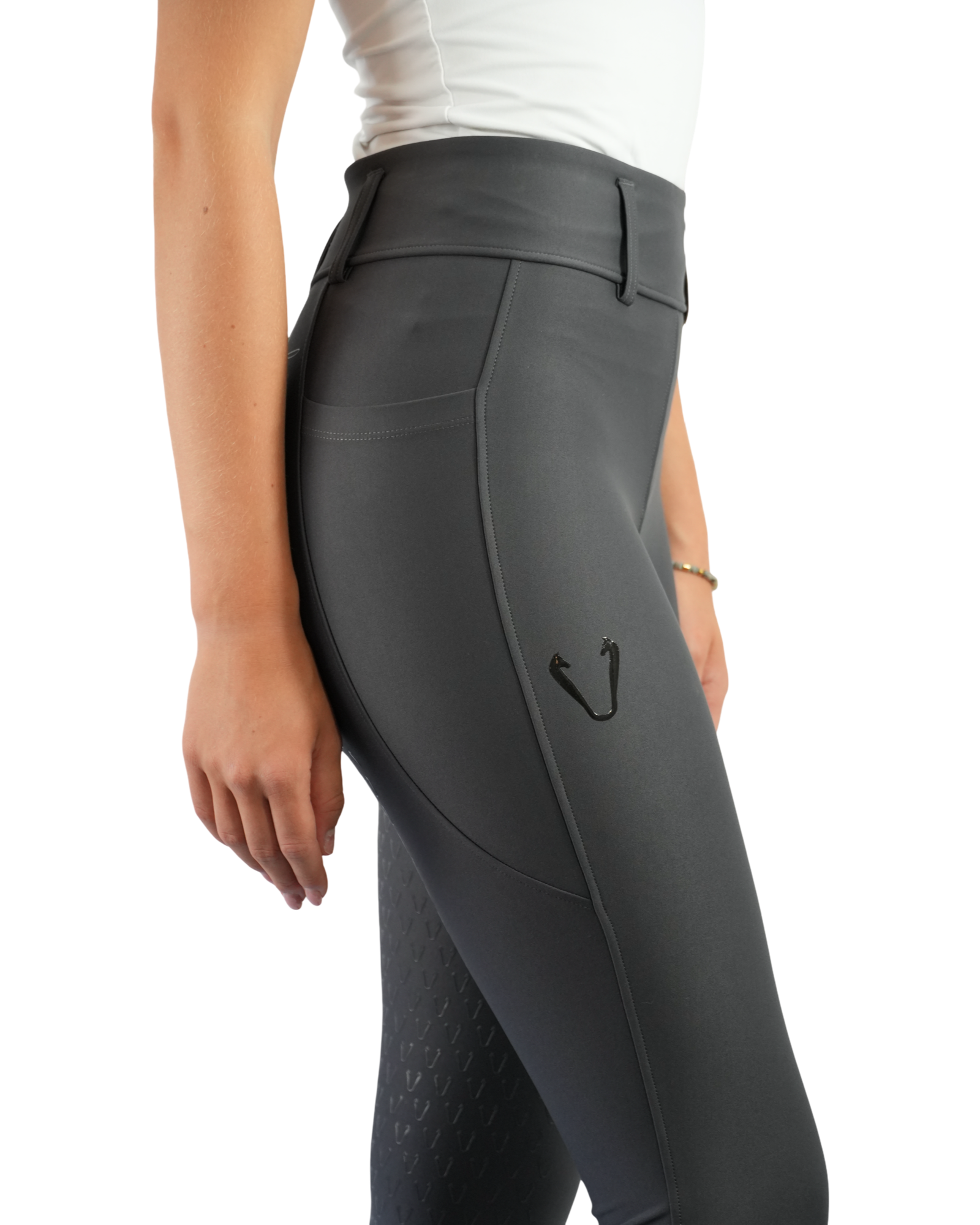 Maintien taille haute et silhouette galbante sur pantalon d'équitation leggings Vengoh Dahlia Dark Grey