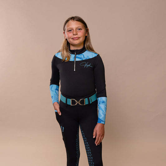 Azalea Kids Long-Sleeve Base Layer – Black with Baby-Blue Horse Motifs