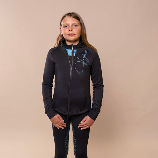 Lily Kids Zip Base Layer Jacket, Long Sleeves – Black with Baby-Blue Details