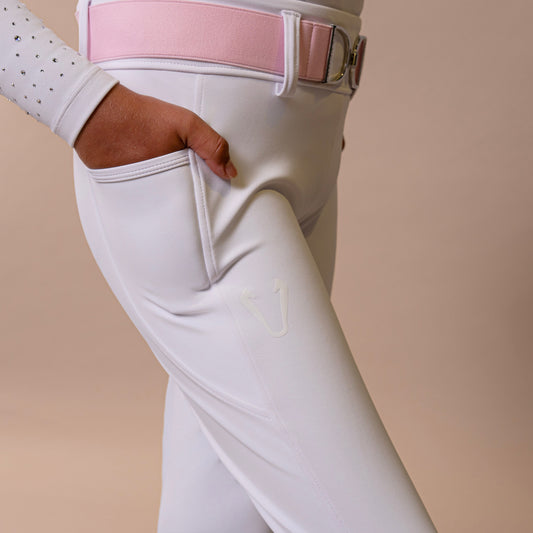 Dahlia Kids Riding Leggings – White with Silver Logo Plate
