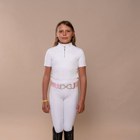 Starlette Kids Show Base Layer, Short Sleeves – White Sparkle