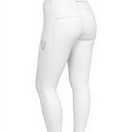 Détail finitions techniques et logo sur pantalon Vengoh Iris White - Coupe élégante et stretch
