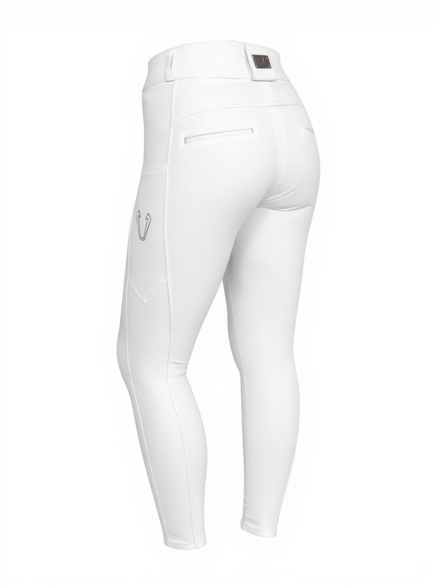 Détail finitions techniques et logo sur pantalon Vengoh Iris White - Coupe élégante et stretch