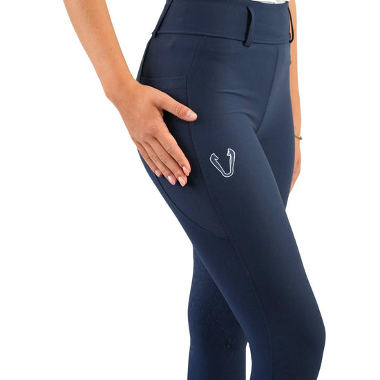 Maintien taille haute et silhouette galbante sur pantalon d'équitation leggings Vengoh Dahlia Navy Bleu Marine