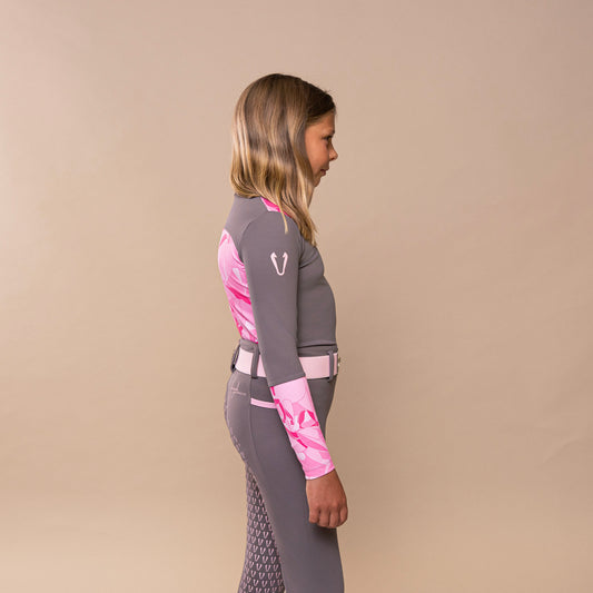 Azalea Kids Long-Sleeve Base Layer – Grey with Baby-Pink Horse Motifs