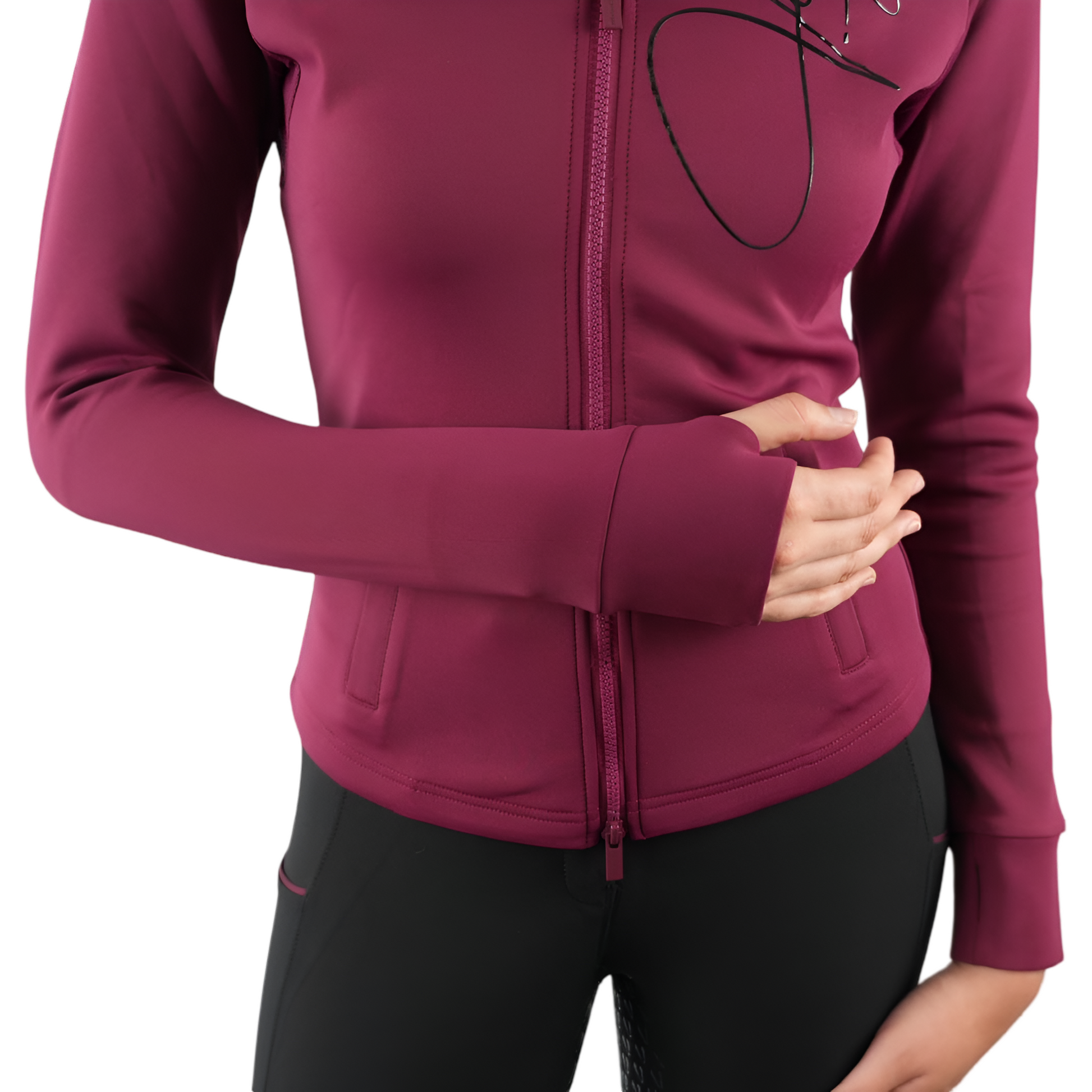 Détail tissu technique stretch et logo Vengoh sur veste Burgundy - Confort et respirabilité