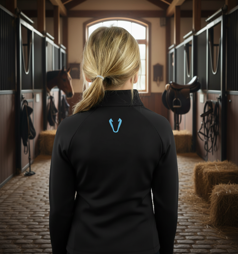 Détail tissu technique stretch et logo sur veste enfant Vengoh Lily Blue - Confort et souplesse