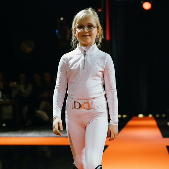 Top technique équitation kid enfant, blanc white à strass manches longues