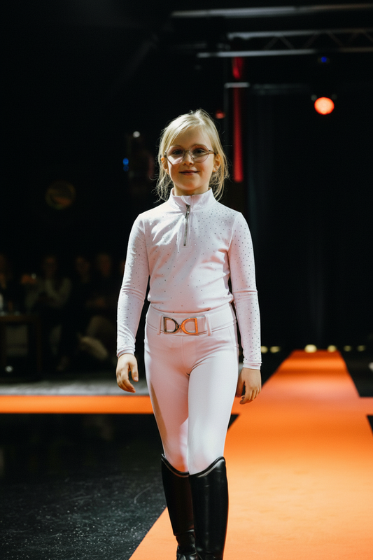 Top technique équitation kid enfant, blanc white à strass manches longues