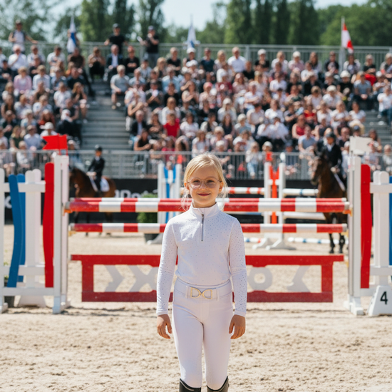 Top technique équitation kid enfant, blanc white à strass manches longues