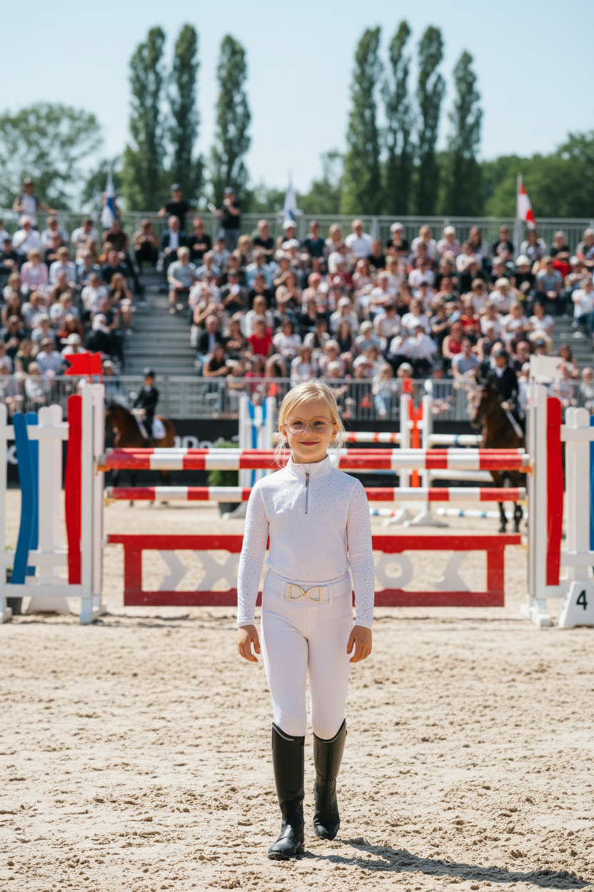 Top technique équitation kid enfant, blanc white à strass manches longues