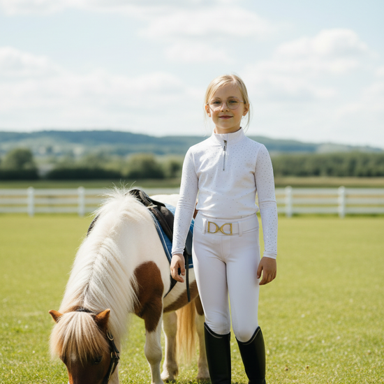Top technique équitation kid enfant, blanc white à strass manches longues