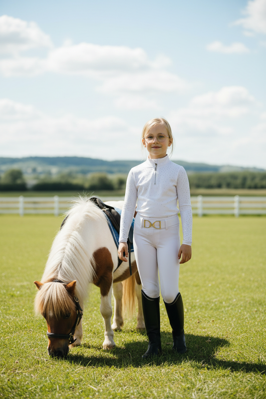Top technique équitation kid enfant, blanc white à strass manches longues
