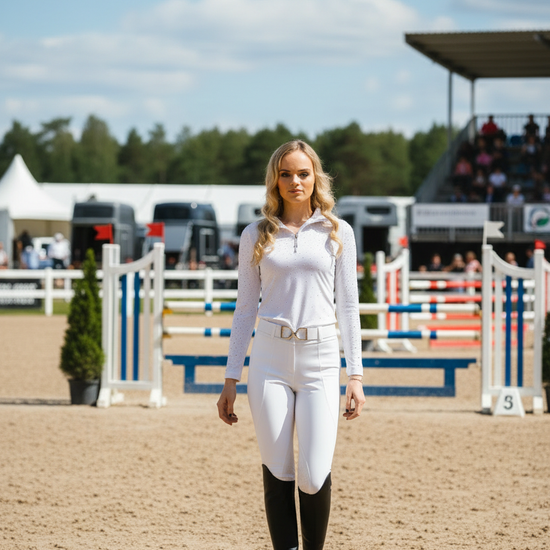 Top technique compétition femme woman blanc white avec strass manches longues